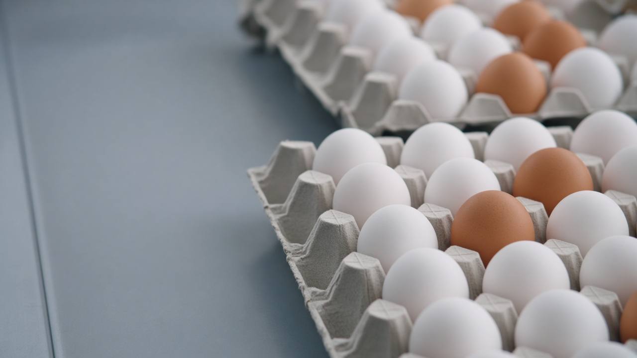 Brown and white eggs in trays on a packing line – egg coding (illustrative)