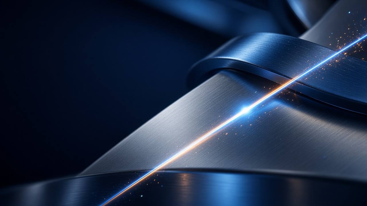 Laser beam light trail on brushed metal – laser marking (illustrative)