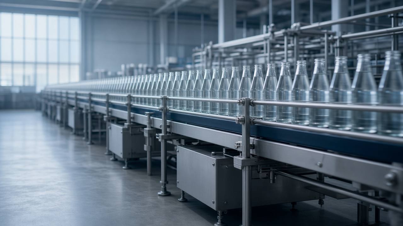 Bottling line with glass bottles on a conveyor (illustrative scene)